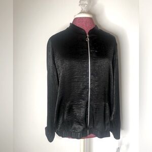 NY Collection Black Faux Velvet Satin Bomber Jacket with Stand-Up Collar
